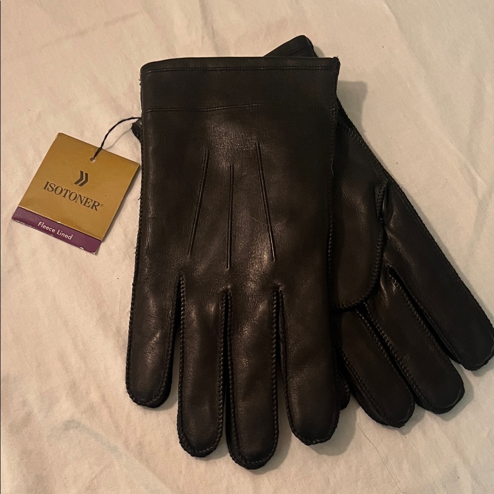 Isotoner Men's Black Leather Gloves